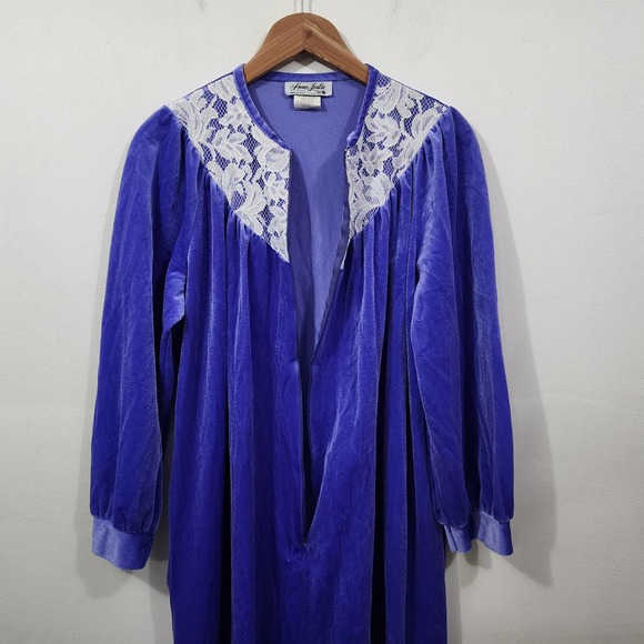 Vintage Anne Leslie Velvet Nightgown House Dress Blurple Half-Zip Lace Pocket - Picture 12 of 15